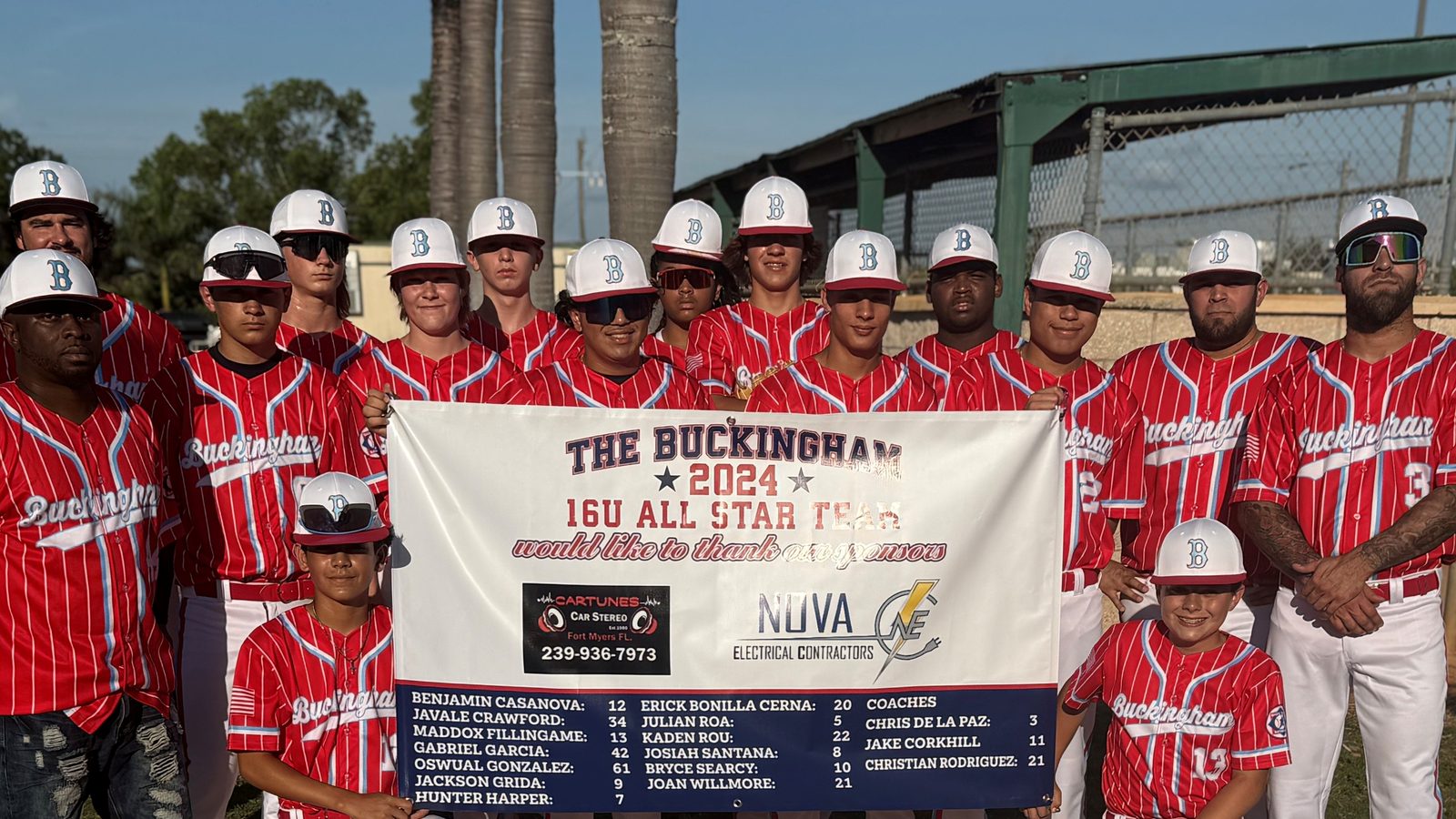 The Buckingham 16U All-Star baseball team with a Nova Electrical Contractors sponsor banner in 2024