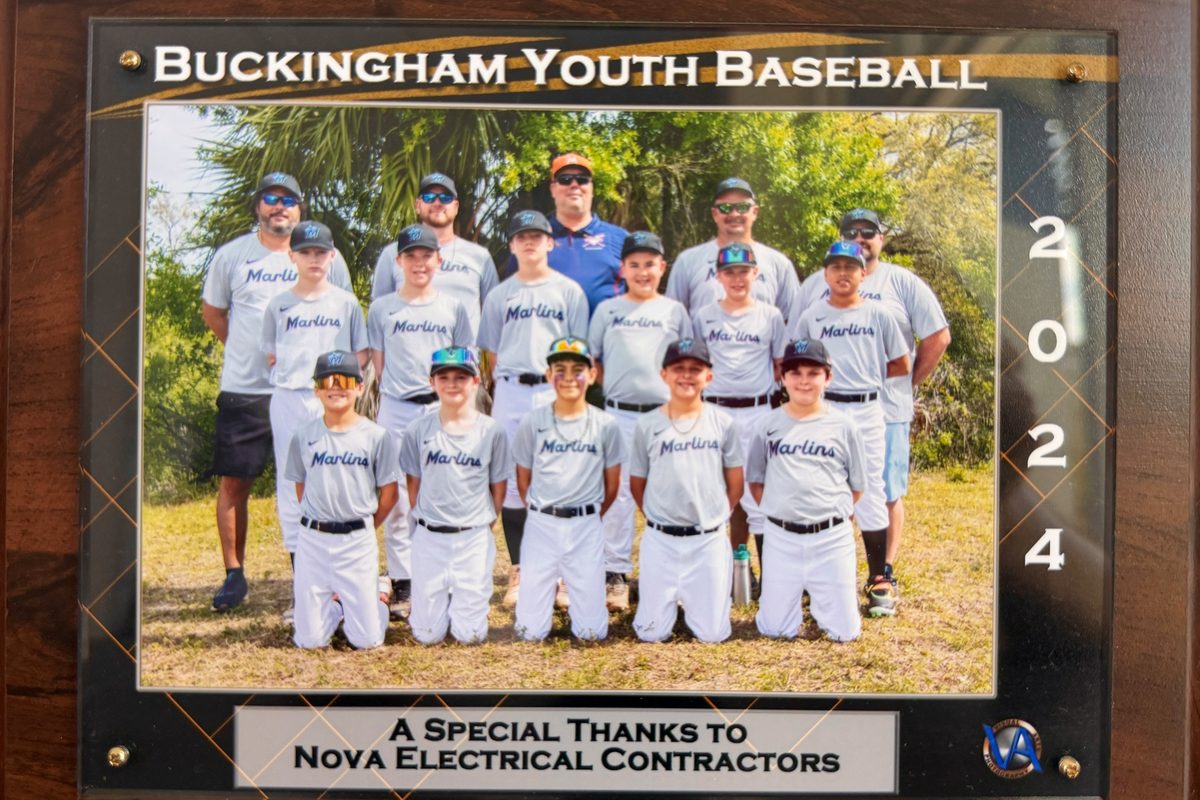 A 2024 Buckingham Youth Baseball plaque thanking Nova Electrical Contractors