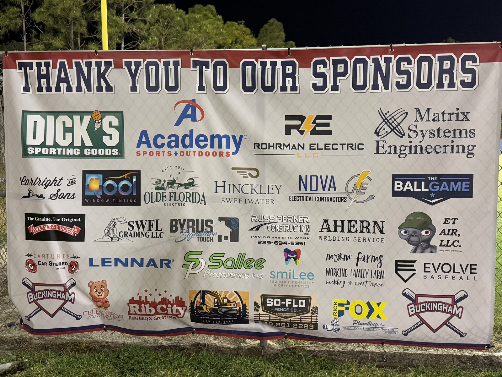 A Thank You To Our Sponsors banner listing Nova Electrical Contractors among Buckingham Youth Baseball supporters